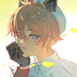 Rule 34 | 1boy, 510513518, absurdres, black gloves, blue eyes, capelet, chinese commentary, commentary request, dahlia (genshin impact), eyelashes, falling leaves, genshin impact, gloves, hand on own face, hat, head rest, highres, leaf, long sleeves, looking to the side, male focus, parted bangs, parted lips, pink hair, short hair, sideways glance, solo, teeth, upper body, white capelet, white hat
