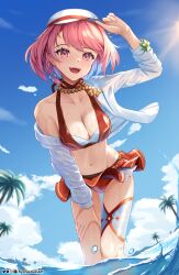 1girl absurdres beach bikini blue_sky breasts cleavage collarbone fire_emblem fire_emblem_engage fire_emblem_heroes flat_cap flower hat highres jacket jewelry lapis_(fire_emblem) lapis_(forager_of_the_sea)_(fire_emblem) large_breasts multicolored_bikini navel necklace nintendo ocean official_alternate_costume open_mouth palm_tree pink_eyes pink_hair red_bikini ryo-suzuki see-through_clothes see-through_jacket short_hair sky smile solo sunflower swimsuit tree two-tone_hat water white_hat white_jacket