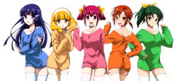 10s 5girls aoki_reika bare_shoulders blonde_hair blue_eyes blue_hair blue_sweater blue_thighhighs blush green_eyes green_hair green_legwear green_shirt hair_ornament hairband hairclip hand_on_own_hip highres hino_akane_(smile_precure!) hoshizora_miyuki kise_yayoi long_hair looking_at_viewer looking_back midorikawa_nao multiple_girls naked_sweater open_mouth orange_shirt pink_eyes pink_hair pink_legwear pink_sweater ponytail precure red_eyes red_hair red_legwear shirt short_hair simple_background smile smile_precure! sweater thighhighs wauwa white_background yellow_eyes yellow_legwear yellow_sweater