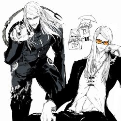 2boys armor black_armor black_coat coat daybit_sem_void fate/grand_order fate_(series) highres iriya_(lonesome) long_hair multiple_boys sitting sunglasses tezcatlipoca_(fate) tezcatlipoca_(second_ascension)_(fate)