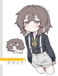 1girl :&lt; arms_at_sides art_program_in_frame black_shirt blush borrowed_character brown_eyes brown_hair chain chain_necklace chibi chibi_inset collared_shirt colored_inner_hair commentary compass cropped_legs dress_shirt english_commentary half-closed_eyes jewelry kunoichi_kazuhito_(kuno_kazu) long_sleeves looking_at_viewer multicolored_hair multiple_views necklace no.3_(shoeguy) no_pupils original partially_unbuttoned shirt shirt_tucked_in shorts simple_background suspender_shorts suspenders white_background