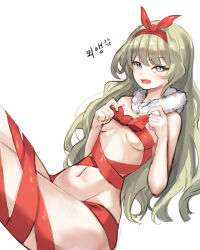 1girl absurdres breasts commentary_request cream_bread green_eyes green_hair hairband highres honkai_(series) honkai_impact_3rd korean_commentary korean_text long_hair looking_at_viewer medium_breasts mobius_(honkai_impact) naked_ribbon navel red_hairband ribbon simple_background slit_pupils solo stomach thighs translation_request underboob white_background