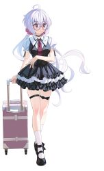1girl ahoge black_choker black_dress black_shoes black_skirt blush breasts choker closed_mouth collared_shirt commentary_request dress frills full_body glasses grey_hair hair_between_eyes hair_ornament hair_scrunchie highres large_breasts long_hair looking_to_the_side mary_janes necktie nyanmaru pink_scrunchie puffy_sleeves purple_eyes red_necktie ribbon rolling_suitcase scrunchie senki_zesshou_symphogear shirt shoes short_sleeves simple_background skindentation skirt socks solo standing suitcase thigh_strap translation_request twintails very_long_hair white_background white_hair white_shirt yukine_chris