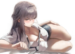 1girl absurdres black_hair black_necktie black_skirt blush breasts brown_eyes cleavage collared_shirt dress_shirt goddess_of_victory:_nikke hair_between_eyes half-closed_eyes hand_on_own_thigh highres jindogod large_breasts long_hair looking_at_viewer loose_necktie lying marciana_(nikke) marciana_(school_days)_(nikke) necktie official_alternate_costume on_side parted_lips pencil_skirt shirt simple_background skirt sleeves_rolled_up solo thighs white_background white_shirt