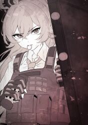 1girl absurdres ahoge black_gloves blue_archive bulletproof_vest collared_shirt commentary_request crossed_bangs dirty dirty_face explosive eyelashes fighting_stance fingerless_gloves gloves grenade grenade_pin_in_mouth grin hair_between_eyes halo hands_up highres holding holding_grenade holding_shield hoshino_(armed)_(blue_archive) hoshino_(blue_archive) limited_palette long_hair looking_at_viewer necktie official_alternate_costume oiru_(613) school_uniform shield shirt smile solo tsurime upper_body v-shaped_eyebrows white_shirt