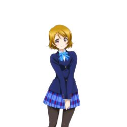 1girl anime_coloring black_pantyhose blazer blue_bow blue_bowtie blue_jacket blue_skirt blush bow bowtie brown_hair diagonal-striped_bow diagonal-striped_bowtie diagonal-striped_clothes dress_shirt feet_out_of_frame hirayama_madoka jacket koizumi_hanayo long_sleeves love_live! love_live!_school_idol_festival love_live!_school_idol_project miniskirt official_art otonokizaka_school_uniform own_hands_together pantyhose plaid_clothes plaid_skirt pleated_skirt purple_eyes school_uniform shirt short_hair skirt smile solo standing striped_clothes transparent_background white_shirt winter_uniform