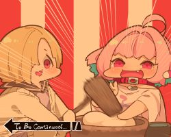 2girls :d ahoge belt_collar blue_hair blush cardigan chibi collar colored_inner_hair emphasis_lines fang food grey_cardigan grey_sailor_collar hair_over_one_eye idolmaster idolmaster_cinderella_girls jojo_no_kimyou_na_bouken kine looking_at_viewer mallet mochi mochitsuki multicolored_hair multiple_girls one_eye_covered open_mouth pink_eyes pink_hair sailor_collar school_uniform serafuku shirasaka_koume shirt smile takato_kurosuke to_be_continued v yumemi_riamu