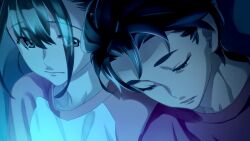 1boy 1girl adam&#039;s_apple brown_eyes brown_hair collarbone dim_lighting eyes_visible_through_hair falling_asleep frown fukuda_tomonori game_cg hair_between_eyes head_on_another&#039;s_shoulder highres leaning_on_person leaning_to_the_side looking_at_another narrowed_eyes night non-web_source official_art red_hair red_shirt robotics;notes screen_light senomiya_akiho shirt side-by-side t-shirt worried yashio_kaito