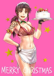 apron armband azasuke bell bikini black_lagoon bow bra breasts brown_eyes brown_hair cake choker christmas commentary_request cowboy_shot fingerless_gloves food gloves highres holding holding_cake holding_food looking_at_viewer maid maid_apron maid_bikini maid_headdress medium_breasts merry_christmas navel open_mouth panties pink_background ponytail revy_(black_lagoon) simple_background swimsuit teeth tongue tray unconventional_maid underwear