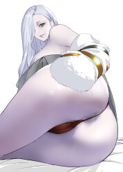 1girl anus anus_peek ass bare_shoulders black_panties blue_lips breasts dress eyeliner fate/grand_order fate_(series) grey_dress grin hair_over_one_eye highres jacket large_breasts long_hair long_sleeves looking_at_viewer looking_back lying makeup mrs._snake_(fate) nipple_slip nipples off_shoulder on_side panties smile solo sweater sweater_dress thighs underwear white_hair white_jacket yellow_eyes yugensangyo