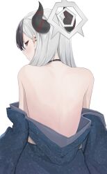 1girl back bare_shoulders black_choker black_hair black_horns blue_archive blue_kimono blush choker closed_mouth commentary_request demon_horns ear_piercing eru_(aeeu2243) grey_hair halo highres horns japanese_clothes kayoko_(blue_archive) kayoko_(new_year)_(blue_archive) kimono long_hair looking_at_viewer looking_back official_alternate_costume official_alternate_hairstyle piercing red_eyes simple_background solo undressing white_background