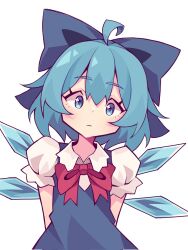 1girl :| ahoge aqua_eyes aqua_hair arms_behind_back blue_bow blue_dress blue_eyes blue_hair blue_shirt blush bow bowtie cirno closed_mouth corrupted_twitter_file dress hair_bow highres ice ice_wings juliet_sleeves kazumiskill long_sleeves looking_at_viewer puffy_sleeves raised_eyebrow red_bow red_bowtie shirt short_hair short_sleeves simple_background solo touhou upper_body white_background wings