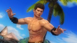 1boy 3d abs brown_eyes brown_hair day dead_or_alive dead_or_alive_5 highres island jann_lee male_focus muscular navel nipples official_art outdoors pants pectorals short_hair sky solo standing tecmo topless_male
