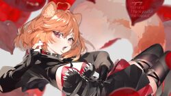1girl ahoge animal_ear_fluff animal_ears balloon belt_collar black_dress black_thighhighs blush breasts collar commentary commissioner_name dress hand_up heart heart_ahoge heart_balloon highres long_sleeves looking_at_viewer mayuri_kaichou medium_breasts nail_polish open_mouth orange_hair original red_eyes red_nails solo teeth thank_you thick_lips thighhighs