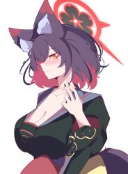 Rule 34 | absurdres, alternate hair length, alternate hairstyle, amebrew, animal ear fluff, animal ears, bite mark, bite mark on neck, black hair, black kimono, black nails, blue archive, blush, closed mouth, colored inner hair, fox ears, fox girl, fox tail, from side, grey sailor collar, halo, heart, hickey, highres, japanese clothes, kimono, multicolored hair, purple sash, red hair, red halo, sailor collar, sash, smile, tail, two-tone hair, upper body, wakamo (blue archive), white background, yellow eyes