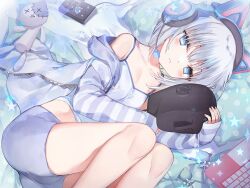 Rule 34 | 1girl, animal ear headphones, animal ears, blanket, blue camisole, blue eyes, blue jacket, blue shorts, breasts, camisole, candy, cat ears, cleavage, collarbone, computer, controller, fake animal ears, food, grey hair, headphones, headset, jacket, laptop, lollipop, looking at viewer, lying, on side, original, pajamas, parted lips, satsuki misuzu, short hair, shorts, small breasts, solo, stuffed animal, stuffed toy, thighs