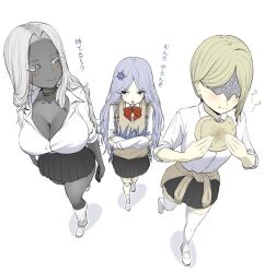 Rule 34 | 3girls, asymmetrical bangs, black skirt, blonde hair, blue hair, blush stickers, bow, bowtie, braid, breasts, chewing, choker, cleavage, clothes around waist, collared shirt, colored eyelashes, colored skin, crossed arms, curtained hair, duchess (elden ring), eating, elden ring, elden ring nightreign, eye mask, flower, food, foreshortening, from above, grey eyes, grey skin, hair flower, hair intakes, hair ornament, highres, holding, holding food, large breasts, leg warmers, long hair, looking at another, low twin braids, makino, mole, mole on breast, multiple girls, musical note, perspective, pleated skirt, recluse (elden ring), red bow, red bowtie, revenant (elden ring), shirt, shirt tucked in, shoes, short hair, skirt, small breasts, smile, spoken musical note, sweater, sweater around waist, sweater vest, translation request, twin braids, walking, white background, white eyelashes, white shirt, white shoes