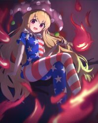 1girl :d american_flag american_flag_legwear american_flag_print american_flag_shirt blonde_hair branch breasts clownpiece commentary crossed_legs embers feet_out_of_frame fire flag_print gae_bokchi hat highres holding holding_shirt holding_torch holding_unworn_clothes jester_cap light_blush long_hair looking_at_viewer neck_ruff open_mouth pantyhose print_shirt purple_eyes purple_hat shirt short_sleeves sitting sitting_on_branch small_breasts smile solo star_(symbol) star_print striped_clothes striped_shirt torch touhou unworn_shirt very_long_hair
