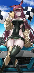 1girl absurdres alternate_costume animal_ear_fluff arknights asymmetrical_legwear bare_shoulders black_choker black_gloves black_thighhighs blue_sky blush breasts brown_jacket car checkered_flag choker cleavage closed_mouth collarbone covered_navel creature dress elbow_gloves feet_out_of_frame flag gloves hand_up highres jacket large_breasts lds_(dstwins97) long_hair looking_at_viewer mismatched_legwear motor_vehicle multicolored_hair off_shoulder open_clothes open_jacket outdoors panties pantyshot purple_eyes purple_hair rabbit_girl rabbit_tail race_queen race_vehicle racecar ray_(arknights) revealing_clothes sandbeast_(arknights) short_dress single_glove sitting sky smile solo streaked_hair tail thighhighs two-tone_hair underwear very_long_hair visor_cap white_panties