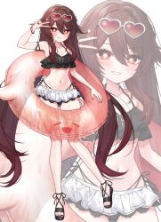 Rule 34 | 1girl, absurdres, alternate costume, bikini, black bikini, blush, brown hair, collarbone, commentary, eyewear on head, flower-shaped pupils, frilled bikini, frills, full body, genshin impact, grey-framed eyewear, grin, hair between eyes, hand up, highres, hu tao (genshin impact), ineka ka, long hair, looking at viewer, multicolored hair, navel, red-tinted eyewear, red eyes, red hair, red innertube, sandals, smile, standing, standing on one leg, stomach, swimsuit, symbol-shaped pupils, tinted eyewear, twintails, v, very long hair, zoom layer