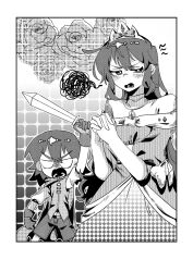 1boy 1girl alternate_costume arm_up aubrey_(faraway)_(omori) aubrey_(omori) bare_shoulders bright_pupils chibi dress gloves greyscale highres holding holding_sword holding_weapon huasuan69416 jewelry kel_(faraway)_(omori) kel_(omori) long_hair looking_at_viewer lower_teeth_only monochrome necklace off-shoulder_dress off_shoulder omori open_mouth own_hands_clasped own_hands_together short_hair short_sleeves sword teeth tiara weapon