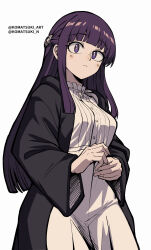 1girl black_coat blunt_bangs breasts bright_pupils closed_mouth coat commentary cowboy_shot dress fern_(sousou_no_frieren) highres komatsuki_n large_breasts long_hair long_sleeves looking_at_viewer own_hands_together purple_eyes purple_hair simple_background solo sousou_no_frieren standing twitter_username white_background white_dress