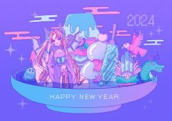 1girl 2024 a37_(white_petal) beads bird blush boots bow breasts cleavage cup daruma_doll detached_sleeves dragon eastern_dragon food gourd hagoita hair_bow happy_new_year highres horns kadomatsu looking_at_viewer new_year open_mouth original paddle pink_hair prayer_beads pudding sakazuki solo wings
