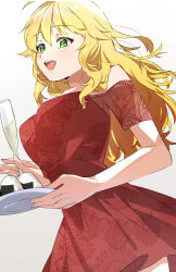 +_+ 1girl absurdres blonde_hair breasts cup dress food green_eyes highres holding holding_cup holding_tray hoshii_miki idolmaster idolmaster_(classic) katsu_(kana) long_hair looking_ahead onigiri open_mouth red_dress simple_background smile solo standing teeth tray upper_teeth_only white_background