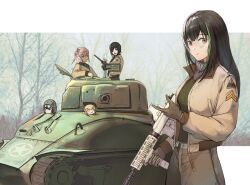 5girls alternate_costume assault_rifle belt black_eyes black_hair blonde_hair blue_eyes braid braided_ponytail brown_gloves brown_jacket brown_pants chibi cigarette closed_mouth eyewear_on_head feet_out_of_frame girls&#039;_frontline gloves green_shirt grey_eyes grey_scarf gun hat heterochromia highres holding holding_cigarette holding_gun holding_weapon jacket long_hair long_sleeves looking_at_another looking_at_viewer m16a1_(girls&#039;_frontline) m4_sopmod_ii_(girls&#039;_frontline) m4_sopmod_ii_jr m4a1_(girls&#039;_frontline) military_hat military_uniform military_vehicle motor_vehicle multicolored_hair multiple_girls open_clothes open_jacket open_mouth pants pink_hair red_eyes rifle ro635_(girls&#039;_frontline) safety_glasses scarf shenme_niao_mingzi shirt smile st_ar-15_(girls&#039;_frontline) standing streaked_hair tank tree weapon world_war_ii yellow_eyes