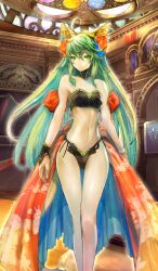 1girl ahoge animal_ear_fluff animal_ears armpit_crease arms_at_sides asai_genji atalanta_(fate) atalanta_(formal_dress)_(fate) bare_legs bare_shoulders bikini black_bikini black_choker blue_flower bracelet breasts brown_background cat_ears cat_girl cat_tail choker closed_mouth command_spell commentary fate/grand_order fate_(series) feet_out_of_frame floating_hair floral_print flower green_bikini green_eyes green_hair hair_flower hair_ornament high-waist_bikini indoors jewelry light_rays long_hair looking_at_viewer midriff multicolored_bikini narrow_waist navel official_art orange_flower orange_skirt showgirl_skirt side-tie_bikini_bottom sidelocks skirt small_breasts smile solo stained_glass stairs standing strapless strapless_bikini swimsuit tail thigh_gap third-party_source two-sided_fabric two-tone_bikini very_long_hair wide_hips