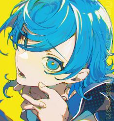 Rule 34 | 1girl, absurdres, blue eyes, blue hair, chromatic aberration, commentary request, hair between eyes, hands on own neck, hands up, highres, kunyamon busy, looking at viewer, negative shinkaron (vocaloid), portrait, short hair, simple background, solo, yellow background, yellow pupils