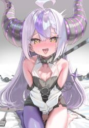 1girl ahoge bare_shoulders barefoot bdsm braid breasts collar collarbone feet heart heart-shaped_pupils highres hololive horns kanzarin la+_darknesss leash loli multicolored_hair purple_hair seiza sidelocks single_thighhigh sitting slave small_breasts soles solo streaked_hair symbol-shaped_pupils thighhighs toes tongue tongue_out virtual_youtuber