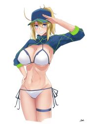 1girl absurdres ahoge artoria_pendragon_(fate) baseball_cap bikini blonde_hair blue_eyes blue_hat blue_jacket blush breasts cleavage cropped_jacket fate/grand_order fate_(series) grin hair_between_eyes hair_through_headwear hat highres jacket large_breasts long_hair long_sleeves looking_at_viewer mysterious_heroine_xx_(fate) navel ponytail s4ika shrug_(clothing) sidelocks simple_background smile solo swimsuit thigh_strap thighs variant_set white_background white_bikini