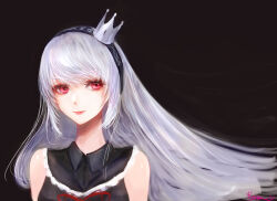 1girl albelda bare_shoulders black_background black_dress crown dress eyelashes highres lips long_hair looking_to_the_side mini_crown parted_lips red_eyes reiya_yoinagi_007 signature simple_background smile solo teeth tower_of_god upper_body white_hair