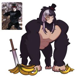 1girl banana black_hair closed_mouth food fruit gorilla_costume grey_hair haaro hat highres hololive hololive_english mini_hat mini_top_hat monocle reference_inset shiori_novella simple_background smile solo sword top_hat virtual_youtuber weapon white_background yellow_eyes