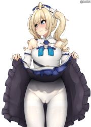 1girl 3: barbara_(genshin_impact) bare_shoulders blonde_hair blue_eyes blush cameltoe closed_mouth clothes_lift commentary detached_collar detached_sleeves dress dress_lift english_commentary frilled_dress frills frown genshin_impact gluteal_fold groin highres joosi lifting_own_clothes long_hair long_sleeves looking_away looking_to_the_side no_panties nose_blush pantyhose solo strapless strapless_dress twintails twitter_username upskirt white_dress white_headwear white_pantyhose