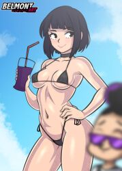 1boy 1girl absurdres artist_name belmont_art bikini black_bikini black_eyes black_hair blue_sky blurry blurry_foreground boku_no_hero_academia breasts closed_mouth cloud collarbone covered_erect_nipples cowboy_shot day eyebrows eyelashes hand_on_own_hip hand_up highleg highleg_bikini highres jiro_kyoka looking_afar looking_to_the_side matching_hair/eyes medium_hair mineta_minoru navel netorare outdoors petite side-tie_bikini_bottom sky small_breasts smile solo_focus standing swimsuit