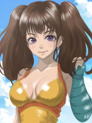 Rule 34 | 1girl, blue sky, breasts, brown hair, cleavage, cloud, diane (nanatsu no taizai), fingerless gloves, gloves, large breasts, lips, long hair, mayan someya, nanatsu no taizai, purple eyes, single glove, sky, twintails, upper body