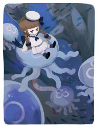 1girl absurdres blue_neckerchief border braid brown_hair fish funamusea hat highres jellyfish jitome long_hair neckerchief oarfish ocean oounabara_to_wadanohara pleated_skirt riding riding_animal shirt skirt solo twin_braids tz_(maomituanzi) wadanohara white_border white_hat white_shirt white_skirt