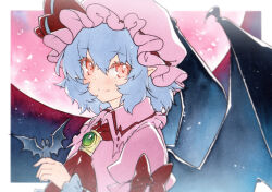 1girl ascot bat_(animal) bat_on_hand bat_wings black_wings blue_hair border bow brooch closed_mouth collar frilled_collar frilled_cuffs frilled_sleeves frills hair_bow hat highres huge_moon jewelry light_particles light_smile looking_at_viewer mob_cap moon night night_sky outside_border pink_hat pointy_ears puffy_sleeves red_ascot red_bow red_eyes remilia_scarlet rinka_(qqqrinkappp) short_hair sky sleeve_bow solo touhou traditional_media upper_body white_border wings