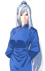 1girl blue_dress blue_sleeves changpao china_dress chinese_clothes dress high_ponytail highres honkai:_star_rail honkai_(series) jingliu_(honkai:_star_rail) kokoro_no_koibito kung_fu long_hair long_sleeves martial_arts monk ponytail red_eyes self-upload solo unworn_blindfold white_hair
