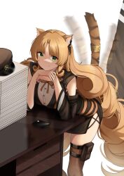 1girl absurdres afterimage animal_ear_fluff animal_ears arknights black_credit_card black_dress blonde_hair bow breasts buttons center_opening commentary credit_card curtained_hair desk detached_sleeves dot_nose dress dress_shirt drill_hair drill_sidelocks earpiece fang film_grain green_eyes hand_on_own_chin hat head_rest highres large_breasts lavriell leaning_on_table long_hair looking_at_viewer o-ring paper paper_stack paperwork pouch see-through_clothes see-through_legwear shirt short_dress side_drill sidelocks simple_background skin_fang smile solo swire_(arknights) tail tail_ornament tail_ring tail_wagging thigh_pouch thighhighs tiger_ears tiger_girl tiger_tail unworn_headwear very_long_hair white_background yellow_bow