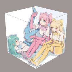 3girls absurdres artist_name blonde_hair blue_eyes boots bow box commentary drill_hair elbow_gloves english_commentary gloves green_hair grey_background hair_bow hanabishi_haruka highres in_box in_container linhcoris long_hair magia_azure magia_magenta magia_sulfur magical_girl mahou_shoujo_ni_akogarete minakami_sayo multiple_girls pink_hair pout red_eyes simple_background tenkawa_kaoruko trapped