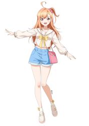 1girl :d ahoge bag blue_shorts bow bow_legwear bowtie commentary corrupted_twitter_file full_body hair_ornament hair_scrunchie handbag highres ikizulive!_love_live!_bluebird jingshenquan loafers long_sleeves love_live! midriff murota_yuuhei_(style) one_side_up open_mouth orange_eyes outstretched_arms parody pink_bag pink_scrunchie sailor_collar sailor_shirt scrunchie shirt shoes short_shorts shorts sidelocks simple_background smile socks solo style_parody tachi-e takahashi_polka white_background white_sailor_collar white_shirt white_shoes white_socks yellow_bow yellow_bowtie