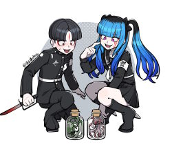 1boy 1girl :d amemiya_darumi armband black_boots black_hair black_pants black_sailor_collar black_serafuku black_skirt blue_hair boots bow chinese_commentary cloaty14605 commentary_request eyeliner facial_mark forehead_mark gakuran geta glass_jar gloves grey_background hair_bow high_heel_boots high_heels highres holding holding_knife holding_weapon in_container in_jar jar knife last_defense_academy_school_uniform long_hair looking_at_object makeup maruko_gaku monster multicolored_hair neckerchief open_mouth pants pink_eyes pleated_skirt red_eyeliner red_eyes runny_makeup sailor_collar school_uniform scratching_cheek serafuku short_hair skirt smile teeth the_hundred_line_-last_defense_academy- twintails two-tone_background upper_teeth_only weapon white_background white_neckerchief