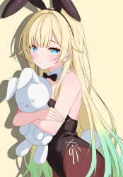 Rule 34 | 1girl, absurdres, aizawa ema, alternate costume, animal ears, black bow, black bowtie, black hairband, black leotard, blonde hair, blue eyes, bow, bowtie, brown pantyhose, closed mouth, collar, cowboy shot, crossed arms, detached collar, dot nose, fake animal ears, from side, gradient hair, green hair, hair flaps, hair intakes, hairband, highres, hugging object, johnny 0716, leotard, long hair, looking at viewer, multicolored hair, pantyhose, playboy bunny, rabbit ears, shadow, sidelocks, simple background, solo, stuffed animal, stuffed rabbit, stuffed toy, very long hair, virtual youtuber, vspo!, white collar, yellow background