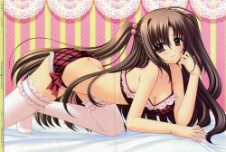 Rule 34 | 00s, 1girl, 2008, absurdres, all fours, arched back, bed sheet, blush, bra, breasts, brown eyes, brown hair, butt crack, cleavage, crease, dengeki hime, female focus, hair bobbles, hair ornament, highres, lace, lace-trimmed bra, lace-trimmed legwear, lace-trimmed panties, lace trim, lingerie, long hair, nishimata aoi, oretachi ni tsubasa wa nai, panties, plaid bra, plaid clothes, plaid panties, scan, smile, solo, thighhighs, twintails, underwear, underwear only, very long hair, watarai asuka