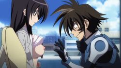 assisted_exposure breasts breasts_out embarrassed groping_motion kenzen_robo_daimidaler lowres medium_breasts nipples pervert sonan_kyouko