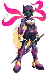 1girl absurdres alternate_costume armor armored_boots armored_gloves belt belted_shorts biometal blonde_hair body_armor bodystocking boots breasts commission commissioner_upload elbow_gloves elbow_pads elf_(mega_man_zx_prequel) extra_eyes fishnets forehead_jewel gauntlets gloves green_eyes helmet highres holding holding_sword holding_weapon knee_boots knee_pads long_hair mask mega_man_(series) mega_man_zx model_p_(mega_man) multiple_scarves non-web_source shorts small_breasts sword uta_guipiy weapon
