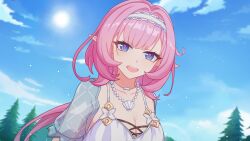1girl absurdres bikini blue_eyes blue_sky breasts cleavage cloud collarbone elf elysia_(honkai_impact) elysia_(miss_pink_elf)_(honkai_impact) elysia_(summer_miss_elf)_(honkai_impact) hairband henjiwumei highres honkai_(series) honkai_impact_3rd jewelry large_breasts long_hair looking_at_viewer necklace official_alternate_costume open_mouth outdoors pearl_necklace pink_hair pointy_ears see-through_clothes see-through_sleeves shell shell_necklace sky solo sun swimsuit teeth tree upper_body upper_teeth_only white_bikini white_hairband